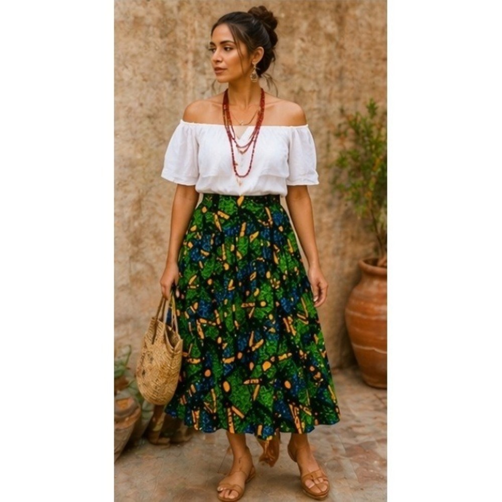 Ankara Inspired Print Midi‎ Skirt Scissors Motif African Inspired Boho 30"
